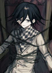 Rule 34 | 1boy, black hair, buttons, chair, checkered clothes, checkered scarf, danganronpa (series), danganronpa v3: killing harmony, double-breasted, hair between eyes, highres, jacket, long sleeves, looking at viewer, male focus, oma kokichi, purple eyes, scarf, short hair, smile, solo, wa noko