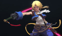 Rule 34 | 1boy, ascot, bare shoulders, belt, belt buckle, black background, black gloves, blonde hair, blue eyes, blue pants, blue vest, brown belt, buckle, closed mouth, commentary, cowboy shot, diaodiao, dual wielding, earrings, final fantasy, final fantasy ix, floating hair, gloves, holding, holding weapon, jewelry, looking at viewer, low ponytail, male focus, monkey tail, outstretched arm, pants, parted bangs, shirt, short hair with long locks, smile, solo, tail, vest, weapon, white ascot, white shirt, zidane tribal