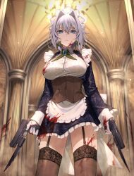 Rule 34 | 1girl, apron, blood, blood on clothes, blood on face, braid, breasts, corset, cowboy shot, dual wielding, expressionless, garter straps, greenkohgen, grey hair, gun, hair intakes, highres, holding, holding gun, holding weapon, izayoi sakuya, lace, lace-trimmed legwear, lace trim, large breasts, looking at viewer, maid, maid apron, maid headdress, short hair, standing, touhou, twin braids, waist apron, weapon