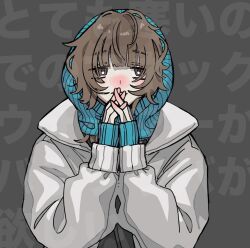 1girl blue_hood brown_eyes brown_hair eyes_visible_through_hair grey_background hands_up hood hood_up interlocked_fingers jacket long_hair long_sleeves open_clothes open_jacket original solo upper_body white_jacket yoshioka_suke