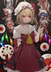 Rule 34 | 1girl, absurdres, animal ears, ascot, bags under eyes, black background, black ribbon, blonde hair, blue hair, bow, bowtie, cake, character doll, choker, closed mouth, collared shirt, crystal, cup, daimaou ruaeru, doll, dress, fingernails, flandre scarlet, food, frilled choker, frilled sleeves, frills, gradient background, grey dress, grey hat, grey shirt, hair between eyes, hand up, hat, hat bow, hat ribbon, highres, holding, holding scissors, jewelry, light, light brown hair, looking to the side, mob cap, multicolored wings, nail polish, one side up, pink nails, plate, puffy short sleeves, puffy sleeves, red ascot, red bow, red choker, red eyes, red footwear, red skirt, red vest, remilia scarlet, ribbon, scissors, shirt, shoes, short hair, short sleeves, skirt, skirt set, smile, solo, standing, stuffed animal, stuffed rabbit, stuffed toy, teacup, teddy bear, touhou, vest, white hat, wings, yellow ascot