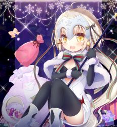 Rule 34 | 1girl, :d, ahoge, bell, black bra, black gloves, black panties, black thighhighs, blush, box, bra, commentary request, elbow gloves, fate/grand order, fate (series), gift, gift box, gloves, headpiece, holding, jeanne d&#039;arc (fate), jeanne d&#039;arc alter santa lily (fate), long hair, looking at viewer, low ponytail, open mouth, panties, pantyshot, polearm, sack, silver hair, sitting, smile, solo, thighhighs, underwear, weapon, yellow eyes, yukiyuki 441, zettai ryouiki