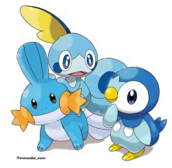 Rule 34 | blue eyes, bright pupils, brown eyes, closed mouth, commentary request, creatures (company), game freak, gen 3 pokemon, gen 4 pokemon, gen 8 pokemon, highres, mudkip, nintendo, no humans, open mouth, piplup, pokemon, pokemon (creature), rorosuke, smile, sobble, tongue, twitter username, white background, white pupils