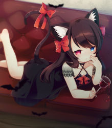 Rule 34 | animal ear fluff, animal ears, bat (animal), black dress, blue eyes, bow, bowtie, breasts, cat ears, cat girl, cat tail, couch, cup, dress, drinking glass, hand to own mouth, heterochromia, leg up, lying, matatabi (nigatsu), on couch, on stomach, red bow, red bowtie, red eyes, red ribbon, ribbon, small breasts, spill, swept bangs, tail, tail ornament, tail raised, tail ribbon, wine glass