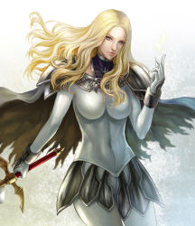 Rule 34 | 1girl, armor, bad id, bad pixiv id, blonde hair, blue eyes, breasts, cape, claymore (series), claymore (sword), highres, kacyu, long hair, solo, sword, teresa, torn clothes, weapon