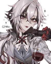 Rule 34 | 1girl, alcohol, arlecchino (genshin impact), black eyes, black hair, black lips, coat, commentary, cup, drinking glass, genshin impact, grey coat, grey hair, grey shirt, highres, jewelry, looking at viewer, multicolored hair, open clothes, open coat, ring, shirt, simple background, smile, solo, streaked hair, upper body, white background, wine, wine glass, yara (yara mochi)