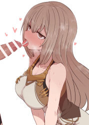Rule 34 | 1girl, bad id, bad pixiv id, bar censor, bare arms, bare shoulders, blush, breasts, brown eyes, brown hair, censored, character request, collarbone, cum, cum in mouth, dress, ejaculation, erection, heart, jitome, large breasts, long hair, looking up, megido72, nose blush, open mouth, penis, simple background, sleeveless, sleeveless dress, solo, sumiyao (amam), sweat, tongue, tongue out, upper body, v arms, white background