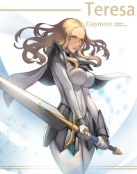 Rule 34 | 1girl, absurdres, armor, artist name, blonde hair, bodysuit, breasts, cape, character name, claymore (series), claymore (sword), copyright name, cowboy shot, female focus, highres, impossible clothes, large breasts, long hair, pauldrons, pteruges, shoulder armor, simple background, solo, sword, teresa, weapon, yellow eyes, zhangyushao