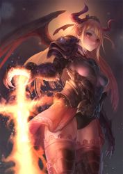 Rule 34 | 1girl, arm at side, armor, armored boots, black panties, blonde hair, boots, breasts, claws, closed mouth, commentary request, cowboy shot, demon girl, demon horns, demon wings, embers, eyelashes, fire, gauntlets, hair ornament, hair ribbon, highres, horns, lips, long hair, looking at viewer, original, otsukemono, panties, pauldrons, pointy ears, red eyes, ribbon, shirt, shoulder armor, showgirl skirt, skin tight, small breasts, solo, standing, swept bangs, taut clothes, taut shirt, thigh boots, thighhighs, tiara, underwear, wings