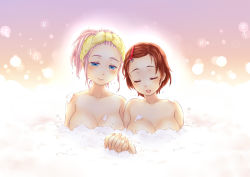 Rule 34 | 2girls, bare arms, bare shoulders, bath, bathing, blue eyes, blush, breasts, brown hair, cleavage, closed eyes, closed mouth, collarbone, couple, female focus, foam, hair ornament, hairband, hairclip, half-closed eyes, happy, holding hands, interlocked fingers, large breasts, megurine luka, meiko (vocaloid), multiple girls, musical note, neck, nude, open mouth, pink hair, sasanoneko, short hair, smile, upper body, vocaloid, yuri