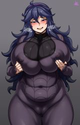 Rule 34 | 1girl, @ @, absurdres, ahoge, alternate breast size, artist name, big hair, black dress, black sweater, blush, breasts, cowboy shot, creatures (company), curly hair, curvy, dress, dripping, eyelashes, fat mons, flipped hair, frilled sleeves, frills, from below, game freak, gigantamax, grabbing own thigh, hair between eyes, hair over one eye, hairband, halftone, halftone texture, hatching (texture), hex maniac (pokemon), highres, jmg, large breasts, layered dress, long dress, long hair, looking at another, looking away, looking down, looking to the side, messy hair, mixed-language commentary, nintendo, no pupils, open mouth, plump, pokemon, pokemon (creature), pokemon xy, purple eyes, purple hairband, ribbed sweater, sidelocks, spider web print, sweat, sweater, sweater dress, taut clothes, taut dress, tight clothes, tongue, very long hair, wavy mouth