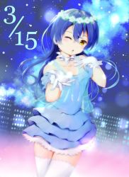 Rule 34 | 1girl, absurdres, arm up, bare shoulders, blowing kiss, blue hair, blush, choker, commentary request, cowboy shot, dated, dress, flower, gloves, hair between eyes, hair ornament, hayaoki (asagi-iro seishun-bu), head wreath, highres, long hair, looking at viewer, love live!, love live! school idol project, night, night sky, one eye closed, sky, smile, solo, sonoda umi, thighhighs, white gloves, white thighhighs, yellow eyes, yume no tobira