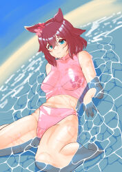Rule 34 | 1girl, absurdres, alternate costume, animal ears, barefoot, bikini, blue eyes, breasts, brown hair, closed mouth, commentary request, ear ornament, highres, horse ears, horse girl, horse tail, medium breasts, medium hair, ocean, outdoors, partially submerged, pink bikini, sakura chiyono o (umamusume), smile, solo, swimsuit, tail, tatsu san, umamusume, water, wet, wet clothes, wet swimsuit