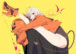 Rule 34 | 1girl, 1other, :d, ahoge, artist name, ass, asymmetrical clothes, black gloves, black pants, collared jacket, commentary request, detached ahoge, flexible, from side, gloves, halloween, hand on own leg, henken, jacket, leg up, long sleeves, looking at viewer, open mouth, orange footwear, orange jacket, orange nails, original, pants, print pants, pumpkin on head, red eyes, short hair, signature, simple background, single pantsleg, smile, solo, tail, teeth, thighs, upper teeth only, white hair, yellow background