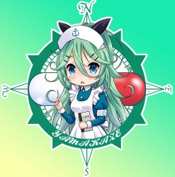 Rule 34 | 10s, 1girl, alternate costume, anchor symbol, blue eyes, chibi, commentary request, compass, digital thermometer, green hair, hair between eyes, hair ornament, hair ribbon, hairclip, hat, holding, kantai collection, long hair, looking at viewer, neko danshaku, nurse, nurse cap, ribbon, solo, thermometer, translation request, triangle mouth, yamakaze (kancolle)