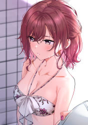 Rule 34 | 1girl, absurdres, bare shoulders, bikini, blush, breasts, cleavage, clothes grab, collarbone, halterneck, highres, higuchi madoka, idolmaster, idolmaster shiny colors, mole, mole under eye, nail polish, nonbire, red eyes, red hair, sleeve grab, solo focus, swimsuit, tile wall, tiles