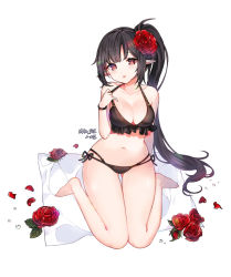 Rule 34 | 1girl, :o, bare arms, bare legs, bare shoulders, barefoot, bikini, black bikini, black hair, breasts, cleavage, collarbone, copyright request, flower, hair flower, hair ornament, halterneck, halterneck, large breasts, long hair, looking at viewer, mal poi, mat, navel, parted lips, petals, pointy ears, ponytail, red eyes, red flower, rose, side-tie bikini bottom, sidelocks, simple background, sitting, solo, stomach, swimsuit, thighs, very long hair, wariza, white background, wristband