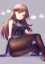 Rule 34 | 1girl, alternate costume, arashio (kancolle), bare shoulders, blush, breasts, brown hair, china dress, chinese clothes, dated, dress, flower, grey background, grin, hair between eyes, hair flaps, ittokyu, kantai collection, knees up, lily (flower), long hair, looking at viewer, medium breasts, orange eyes, pantyhose, signature, sitting, sleeveless, sleeveless dress, smile, solo, swept bangs