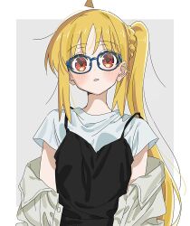 Rule 34 | 1girl, ahoge, bespectacled, black dress, blonde hair, blue-framed eyewear, bocchi the rock!, border, dot nose, dress, glasses, grey background, highres, ijichi nijika, jacket, jacket partially removed, light blush, long hair, looking at viewer, open clothes, open jacket, parted lips, red eyes, shirt, short sleeves, side ponytail, solo, t-shirt, tareme, to9 722, white border, white shirt