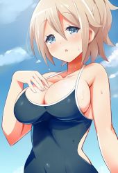 Rule 34 | 1girl, 9law, :o, aoyama blue mountain, blue eyes, blue sky, blush, breasts, brown hair, cloud, competition school swimsuit, day, eyebrows, gochuumon wa usagi desu ka?, large breasts, looking at viewer, one-piece swimsuit, school swimsuit, short hair, sky, solo, swimsuit, wet
