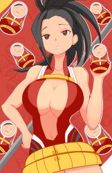 Rule 34 | 1girl, artist name, asymmetrical hair, bare arms, bare shoulders, belt, black eyes, black hair, boku no hero academia, breasts, cleavage, collarbone, forehead, highres, jellcaps, large breasts, looking at viewer, matching hair/eyes, matryoshka doll, navel, parted lips, ponytail, red background, solo, staff, yaoyorozu momo