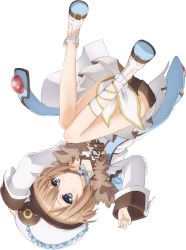 Rule 34 | 10s, 1girl, blanc (neptunia), blue eyes, blush, bob cut, breasts, brown hair, coat, cross-laced footwear, dress, full body, hat, knees together feet apart, legs up, lying, neptune (series), on back, sandals, short hair, simple background, slippers, small breasts, solo, transparent background, upside-down, white background