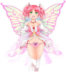 Rule 34 | 1girl, :d, arm gloves, bug, butterfly, choker, fairy, fairy wings, game cg, green eyes, hair ornament, highres, hunie (series), hunie pop, insect, kyu sugardust, midriff, navel, ninamo, open mouth, panties, pink hair, pink panties, simple background, smile, solo, thighhighs, twintails, underwear, white background, white legwear, wings