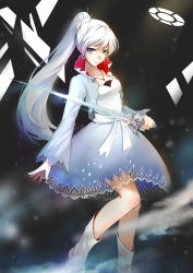 Rule 34 | 1girl, absurdres, blue eyes, dress, highres, holding sword, jewelry, lancefate, light smile, long hair, necklace, ponytail, rapier, rwby, solo, sword, weapon, weiss schnee, white hair