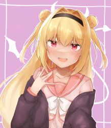 Rule 34 | 1girl, :d, \||/, alternate eye color, alternate hair length, alternate hairstyle, black hairband, blonde hair, blush, bow, chitose sana, commentary, double bun, drawn horns, drawn tail, drawn wings, eyelashes, eyes visible through hair, fang, hair between eyes, hair bun, hair intakes, hairband, hand up, highres, jitome, long hair, looking at viewer, open mouth, pink background, pink shirt, red eyes, red sailor collar, sailor collar, school uniform, serafuku, shirt, simple background, skin fang, smile, smug, solo, symbol-only commentary, tenshinranman, two side up, upper body, very long hair, white bow, yuuhodesu
