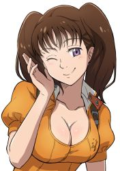 Rule 34 | 10s, 1girl, breasts, brown hair, cleavage, diane (nanatsu no taizai), female focus, highres, hiyocco, large breasts, leotard, long hair, nanatsu no taizai, official style, one eye closed, purple eyes, smile, solo, twintails, upper body, white background, wink