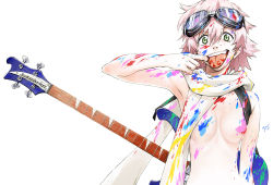 Rule 34 | 1girl, :p, armpits, artist request, bass guitar, bodypaint, breasts, convenient censoring, flcl, goggles, goggles on head, guitar, haruhara haruko, highres, instrument, looking at viewer, medium breasts, naked paint, naked scarf, nude, official art, paint, paint splatter, paint splatter on face, pink hair, sadamoto yoshiyuki, scarf, shiny skin, short hair, simple background, smile, solo, tongue, tongue out, topless, white background, yellow eyes