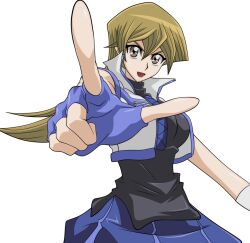 Rule 34 | 1girl, absurdres, bare legs, breasts, cleavage, duel disk, emphasis lines, highres, index finger raised, large breasts, long hair, looking at viewer, plaid, plaid skirt, screencap, serious, skirt, solo, tenjouin asuka, third-party edit, transparent background, uniform, yu-gi-oh!, yu-gi-oh! arc-v