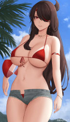Rule 34 | 1girl, absurdres, ball, bare shoulders, beachball, beidou (genshin impact), bikini, blue shorts, blue sky, blush, breasts, brown hair, cleavage, collarbone, colored eyepatch, earrings, eyepatch, front-tie bikini top, front-tie top, genshin impact, hair ornament, hair over one eye, hairpin, highres, jewelry, large breasts, long hair, looking at viewer, navel, necklace, red bikini, red eyes, short shorts, shorts, sky, smile, solo, swimsuit, thighs, zaphn