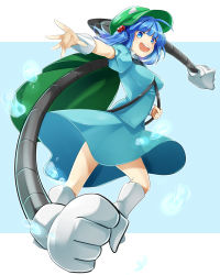 Rule 34 | 1girl, backpack, bad id, bad pixiv id, bag, between breasts, blue eyes, blue hair, blunt bangs, boots, breasts, clenched hands, collared shirt, dress, dress shirt, extra arms, eyebrows, from below, gloves, hair bobbles, hair ornament, hat, kawashiro nitori, large breasts, leg up, looking at viewer, matching hair/eyes, mechanical arms, open mouth, outstretched arm, puffy short sleeves, puffy sleeves, shirt, short sleeves, skirt, skirt set, smile, solo, tori (otori), touhou, twintails, two side up, water, water drop, white footwear, white gloves