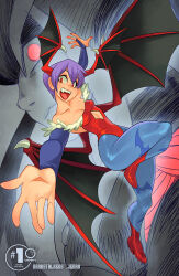 Rule 34 | 1boy, 1girl, alex ahad, animal print, bare shoulders, bat print, bat wings, blue pantyhose, boots, breasts, bridal gauntlets, cleavage, demon girl, diamond cutout, fangs, glowing, glowing eyes, head wings, high heel boots, high heels, highres, jedah dohma, knee up, leotard, lilith aensland, looking at viewer, low wings, official art, open mouth, outstretched arms, pantyhose, print pantyhose, red eyes, red footwear, red leotard, second-party source, short hair, small breasts, smile, udon entertainment, vampire (game), variant set, wings