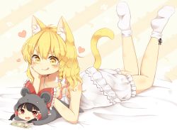 Rule 34 | &gt;:d, 2girls, :d, :q, ahoge, alternate costume, animal costume, animal ears, bare arms, bare shoulders, black hair, blonde hair, bloomers, blush, bow, braid, cat ears, cat tail, chemise, commentary, drooling, full body, hair bow, hair tubes, hakurei reimu, headpat, heart, kemonomimi mode, kirisame marisa, large bow, long hair, mini person, minigirl, money, mouse costume, mouse tail, multiple girls, open mouth, paw print, red eyes, riza dxun, side braid, single braid, smile, socks, soles, tail, tongue, tongue out, touhou, underwear, underwear only, v-shaped eyebrows, wavy hair, whiskers, yellow eyes, yuri