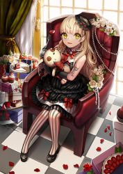 Rule 34 | 1girl, bad id, bad pixiv id, black dress, black gloves, blonde hair, bow, cake, chair, checkered floor, curtains, dress, earrings, elbow gloves, flower, food, fork, frilled dress, frills, fruit, full body, gloves, hat, honnou (kjs9504), indoors, jewelry, lolita fashion, long hair, looking at viewer, mayu (vocaloid), pantyhose, parted lips, petals, rose, shoes, sitting, smile, solo, strawberry, strawberry shortcake, striped clothes, striped pantyhose, stud earrings, stuffed animal, stuffed rabbit, stuffed toy, usano mimi, vertical-striped clothes, vertical-striped pantyhose, vocaloid, window, yellow eyes