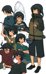 Rule 34 | 1girl, ?, alcohol, angry, beer can, black hair, blue eyes, blush, book, brand name imitation, bug, butterfly, butterfly net, can, drink can, drunk, expressions, fishing, fishing rod, glasses, hand net, highres, insect, jacket, jitome, multiple views, natsuno kanasemi, original, reading, short twintails, shorts, smile, twintails, white background