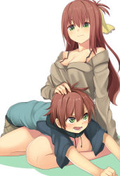 Rule 34 | &gt;:o, 1boy, 1girl, :o, age difference, angry, bare legs, blue hoodie, breasts, brother and sister, brown hair, cleavage, clenched hand, closed mouth, collarbone, commentary request, drawstring, green eyes, grey pants, grey shirt, hair between eyes, hair ribbon, hand on another&#039;s head, headpat, highres, hood, hood down, hoodie, large breasts, long hair, long sleeves, looking at another, looking down, looking up, lying, lying on lap, mahcdai, on lap, on stomach, open mouth, original, outstretched arms, oversized clothes, pants, ribbon, seiza, shadow, shirt, short sleeves, siblings, simple background, sitting, smile, tareme, v-shaped eyebrows, white background, yellow ribbon