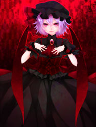 Rule 34 | 1girl, alternate color, alternate costume, ascot, bad id, bad pixiv id, black dress, dress, female focus, hands on own chest, hat, pink eyes, purple hair, remilia scarlet, slit pupils, smile, solo, touhou, wings, wrist cuffs, yutazou