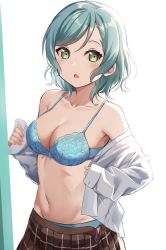 Rule 34 | 1girl, aqua hair, artist request, bang dream!, bare shoulders, blue bra, blue panties, blush, bra, breasts, cleavage, collarbone, green eyes, highres, hikawa hina, medium breasts, open clothes, open mouth, panties, school uniform, shirt, short hair, simple background, skirt, solo, tagme, underwear, undressing, white shirt