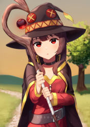 Rule 34 | 1girl, absurdres, artist name, belt, black cape, blurry, blurry background, brown hair, button eyes, buttons, cape, collar, commentary, dress, english commentary, hat, highres, holding, holding staff, kono subarashii sekai ni shukufuku wo!, long sleeves, looking at viewer, megumin, no gloves, outdoors, parted lips, red dress, red eyes, sasoura, short hair with long locks, solo, staff, tree, upper body, witch hat