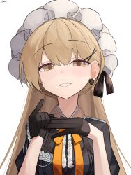 Rule 34 | 1girl, absurdres, black gloves, breasts, brown eyes, commission, cross, cross earrings, earrings, frilled hairband, frills, gamryous, girls&#039; frontline, gloves, grin, hair between eyes, hair ornament, hairband, hairclip, highres, jewelry, light brown hair, long hair, looking at viewer, ppk (girls&#039; frontline), puffy short sleeves, puffy sleeves, removing glove, ribbon, short sleeves, small breasts, smile, smug, solo, very long hair