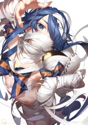 Rule 34 | arm up, bandages, blue bow, blue eyes, blue hair, bow, character request, covered mouth, gender request, highres, knees out of frame, last period, long hair, looking at viewer, naked bandage, navel, orange nails, ryota (ry o ta), shadow, signature, solo, white background