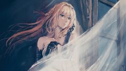 Rule 34 | blonde hair, blue eyes, braid, curtains, dress, faux traditional media, floating hair, hair intakes, hand in own hair, highres, mechanical arms, mechanical hands, petals, prosthesis, prosthetic arm, prosthetic hand, red ribbon, ribbon, strapless, strapless dress, sugina miki, violet evergarden, violet evergarden (series), white dress, wind, window