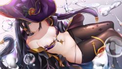 Rule 34 | 1girl, anklet, bare shoulders, bikini, black choker, black hair, breasts, brown pantyhose, bubble, cat tail, choker, coat, earrings, genshin impact, green eyes, groin, hat, highres, jewelry, kayjae, long hair, looking at viewer, lowleg, mona (genshin impact), navel, off shoulder, open clothes, open coat, panties, panties under pantyhose, pantyhose, parted lips, purple bikini, purple hat, sidelocks, small breasts, solo, stomach, string bikini, swimsuit, tail, twintails, underwear, very long hair, water, witch hat