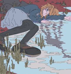 Rule 34 | 1girl, blonde hair, blue eyes, expressionless, flat color, foreshortening, grass, hood, hoodie, lake, limited palette, lying, muted color, pantyhose, partially submerged, perspective, reflection, riverbank, rock, samara03, shoes, sketch, skirt, smr03, solo, urotsuki, yume 2kki