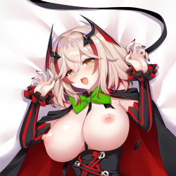 Rule 34 | 1girl, azur lane, black cape, black sleeves, blonde hair, blush, bow, bowtie, breasts, brown eyes, cape, claw pose, corset, cross-laced clothes, dakimakura (medium), detached sleeves, embarrassed, fang, fingernails, frilled sleeves, frills, furrowed brow, green bow, green bowtie, headgear, kl501, large breasts, light blush, long fingernails, looking at viewer, lying, multicolored hair, nail polish, nipples, on bed, open mouth, red cape, red hair, red nails, roon (azur lane), roon (muse) (azur lane), short hair, solo, streaked hair, striped, two-sided cape, two-sided fabric, underbust, vertical stripes, wardrobe malfunction