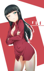 Rule 34 | 10s, 1girl, aqua eyes, black hair, blunt bangs, bottomless, breasts, brown hair, buttons, character name, cleavage, crossed arms, dress shirt, green eyes, hair ornament, highres, kurosawa dia, long hair, love live!, love live! sunshine!!, medium breasts, mole, mole under mouth, naked shirt, no panties, one eye closed, red shirt, shirt, solo, surfing orange