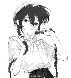 Rule 34 | 1girl, black eyes, black hair, black skirt, bow, bowtie, braid, chinese commentary, closed mouth, collared shirt, commentary request, eyelashes, guigui rongrong, highres, holding, holding hair, light frown, long hair, looking ahead, monochrome, original, pleated skirt, pocket, shirt, short sleeves, simple background, skirt, solo, twin braids, upper body, weibo logo, weibo watermark, white background